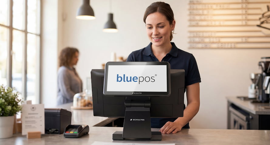 kopfbild_S-800 Kasse Mitarbeiterin bedient ein Schultes bluepos Kassensystem auf einer Theke in einem Café.